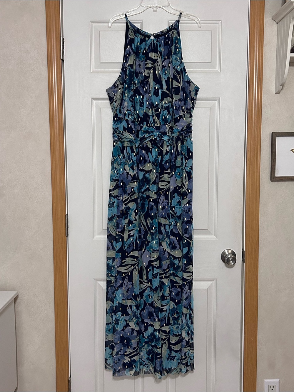 London Times Navy and Teal Floral Halter Maxi Dress